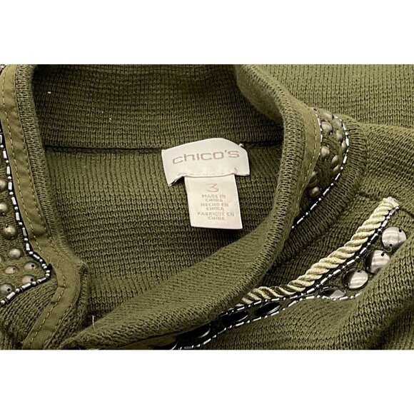 Chicos Military Embellished Cardigan Ambered Olive 3/4 Sleeves High Neck Large - Picture 9 of 12